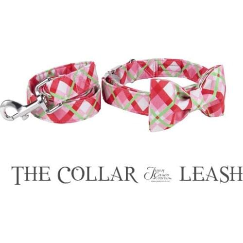 Christmas Plaid Print Dog Collars and Leash Sturdy and Durable Hardware Cute Pure Bowtie