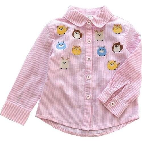 Spring Autumn Big Girls Shirts Owl Cartoon Embroidered Lapel Stripes Long Sleeves Tops For Girls Kids Clothing Korean Kids Shirt
