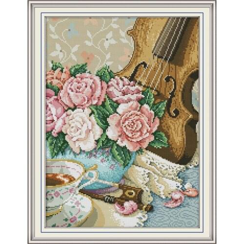 NKF The Violin Counted Cross Stitch 11CT 14CT Cross Stitch Set Flower Embroidery Needlework Kit Home Decor