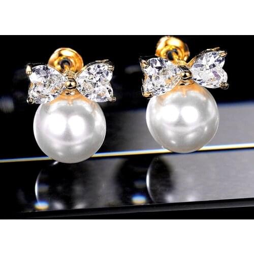 Huitan Cute Beige Artificial Pearl Women Earrings Crystal Bow Inlaid Shiny CZ Stone Fashion Wedding Jewelry Female Accessories