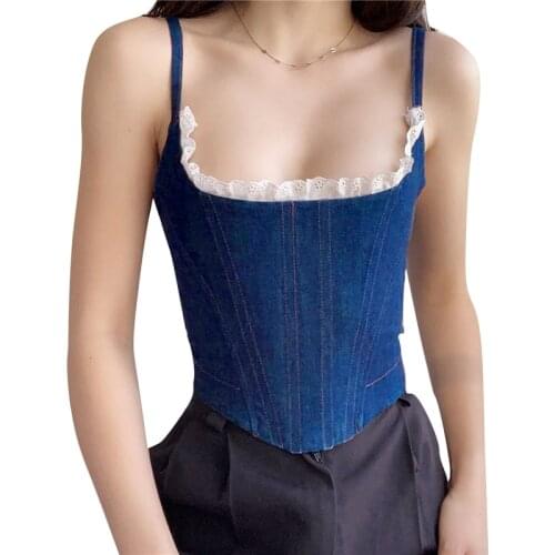 2021 Fashion Trend Women Solid Color Denim Tops with Lace Irregular Hem Sleeveless Boat Neck Sling Vest Summer Casual Camisole