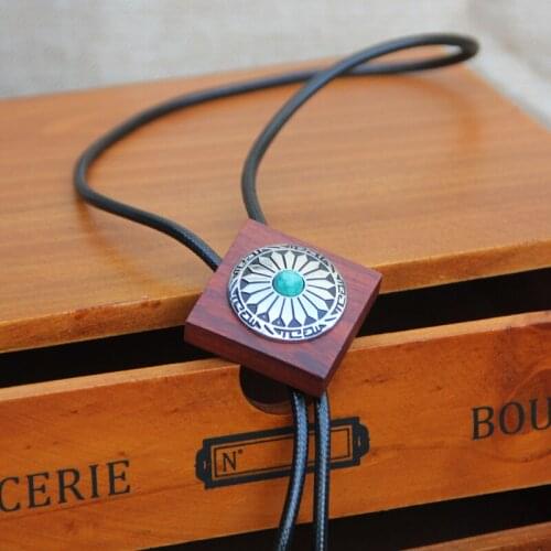 Vintage Western Cowboy Mens BOLO Tie Slide Clip Wood Bottom Pattern Turquoise High Quality Polyester Rope