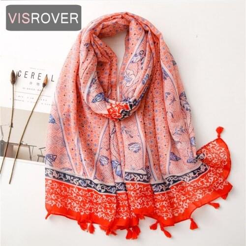 VISROVER 20201Fashion Summer Flower Printing Viscose Scarf With Fringer Red Wraps Navy Shawls Summer Beach Scarf Wholesales