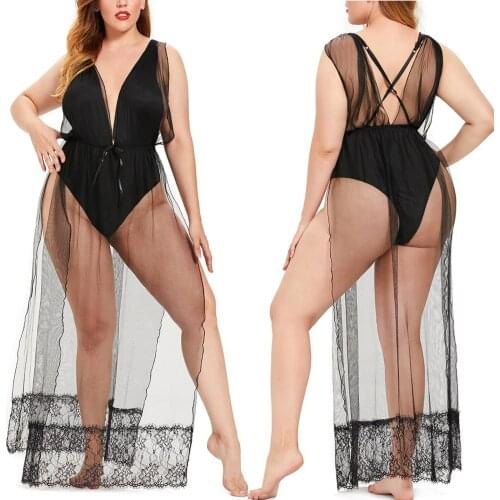 XL-XXXL Net yarn bodysuit Ladies Lace Plus Size Pajamas Sexy Lace Bow See-Through Seductive Nightdress пижамы lencería porno T5