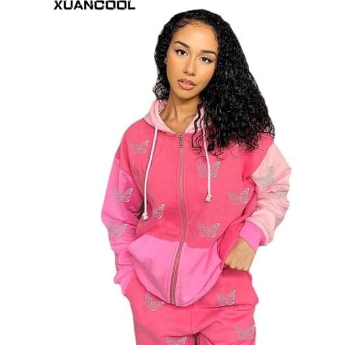 XUANCOOL Loose Sweatpants Sweatsuit Women Cotton Cross Hot Diamond Print Pants Suit Zipper Long-sleeved Hooded Two-piece Suit