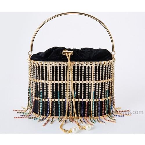 Female Rhinestone Tassel Evening Clutch bag Women Luxury Diamond Shoulder Bag Handbag Ladies Alloy Metal Cage Basket Purse