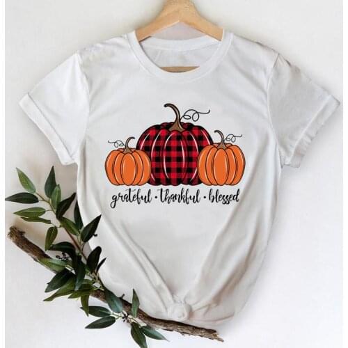 Female Tees Top Print T-Shirt Women Autumn Plaid Pumpkin Love New Fall Thanksgiving Halloween Graphic Clothing Tshirt T