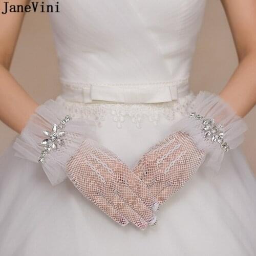 JaneVini 2018 High Quality Lace White Bridal Gloves Full Finger Women Short Gloves Crystal for Wedding Wrist Length Guanti Pizzo
