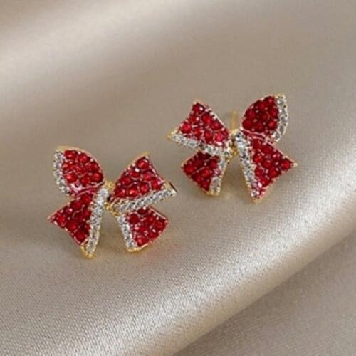 2021 New Style Gold Plated Red Bow Stud Earring Fashion Women CZ Crystal Jewelry Charm Women Bohemia Trend Party Best Gift
