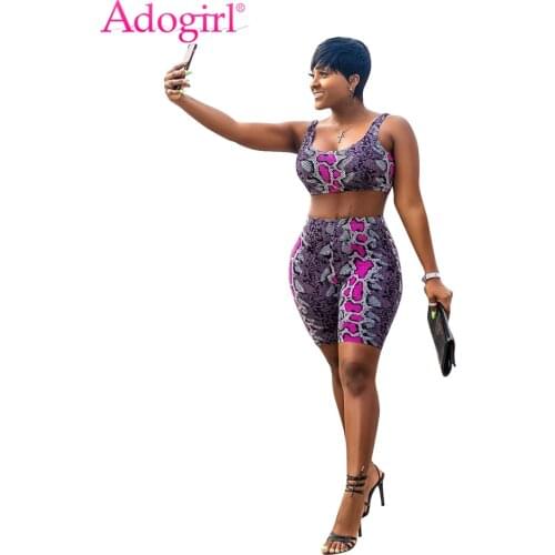 Adogirl Snakeskin Print Women Sexy Two Piece Set Tracksuit Cropped Tank Top + Shorts Summer Casual Suit Night Club Outfits
