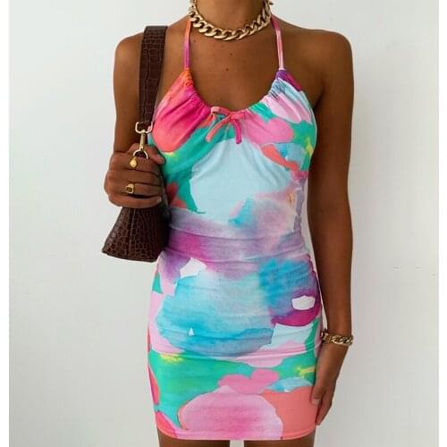 Tie Dye Print Backless Sexy Bodycon Dress Tie Up Halter Sleeveless Short Dresses Women Summer Party Beach Streetwear Y2k Dress