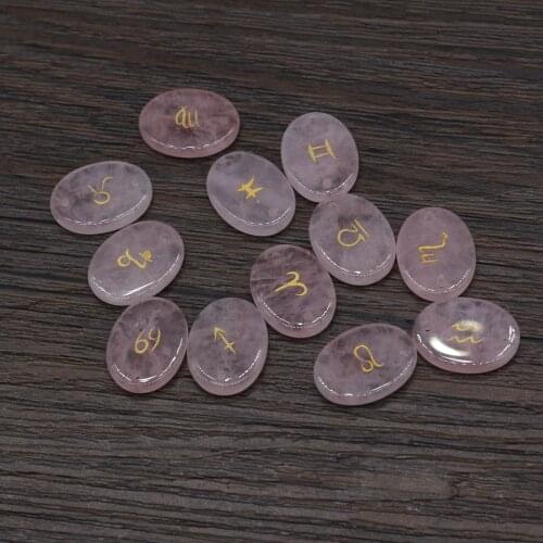 12pc Natural Stone Rose Quartzs Beads Engraved Symbols Oval Reiki Heal Twelve Constellations Divination Bead for Women