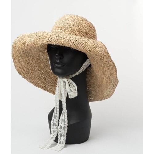 2021 Lace Strap Crochet Raffia Straw Hat Outdoor Sunshade Sunscreen Foldable Raffia Straw Hat