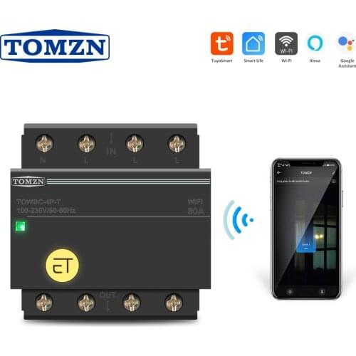 3 phase Din Rail WIFI Circuit Breaker Smart Switch Remote Control by Smart Life TUYA for Smart Home 80A TOMZN Mini TOWBC-4P-T