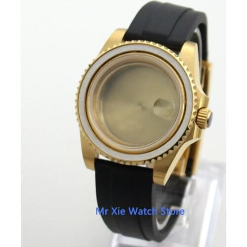 40mm Gold Coated Watch Case Rubber Strap with Gold Buckle Fit DG MINGZHU 2813 MIYOTA 8215 Movement
