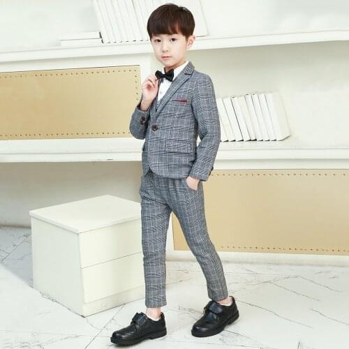 Boy Childrens Blazer Lattice Suit Host Speech Dresses Wedding Suits Elegant Kids School Uniform Gentleman Clothing For 2-14 Y