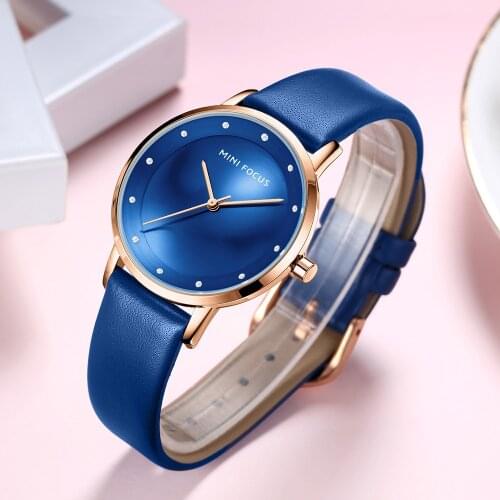 MINI FOCUS Women Watch Top Brand Quartz Watch New Ladies Dress Watch Women Blue Leather Waterproof Wrist Watch Relogio Feminino
