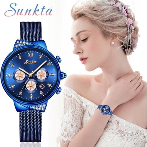 SUNKTA New Women Fashion Watch Creative Lady Casual Watches Stainless Steel Mesh Band Stylish Luxury Quartz Watch For Women+Box