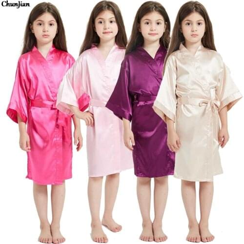 Girls Solid Silk Satin Kimono Robes Kids Children Bathrobe Sleepwear Bath Nightgown for Wedding Spa Party Birthday Silk Robes