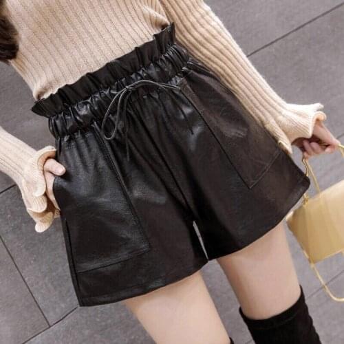 Elastic High Waist Wide Leg Biker Woman Shorts Autumn PU Leather Shorts Womens Femme Casual Ladies Shorts Black Short Leggings