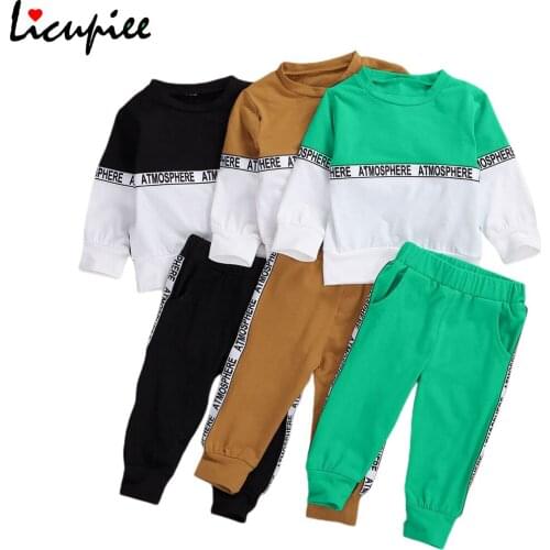 Toddler Kids Baby Boys Clothes Set Long-sleeved Letter Personality Round Neck Hoodies and Solid Color Elastic Long 0-4 Years