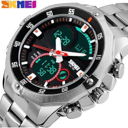 SKMEI 1146 Quartz Watch Men Dual Display Digital Watch Stainless Steel Strap 30M Waterproof Alarm Chronograph Wristwatches