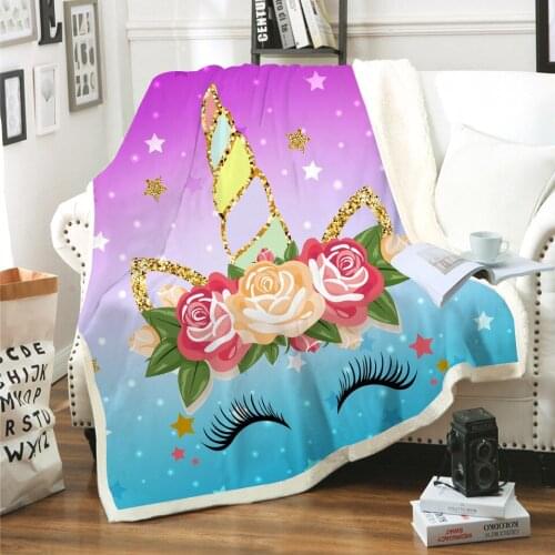 3D Colorful Unicorn Print Soft Sherpa Blanket Cute Cartoon Kids Bedroom Sofa Warm Comfortable Double Lamb Wool Throw Blankets