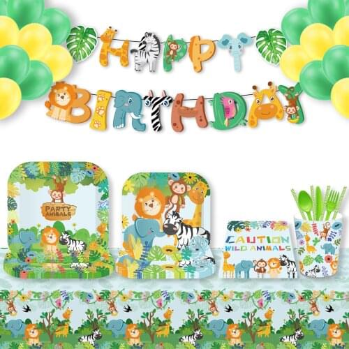 Cartoon Jungle Animal Party Disposable Tableware Sets Kids Birthday Safari Party Decor Baby Shower Forest Theme Party Supplies