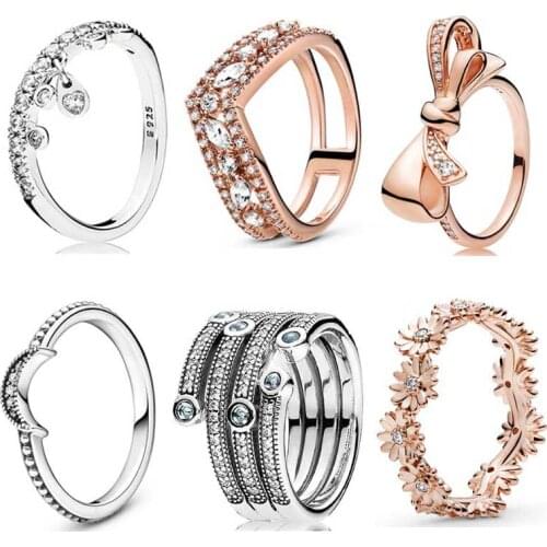 Original Rose Brilliant Bow Crescent Moon Beaded Flower Crown With Crystal Ring Fit 925 Sterling Silver Ring Pandora DIY Jewelry