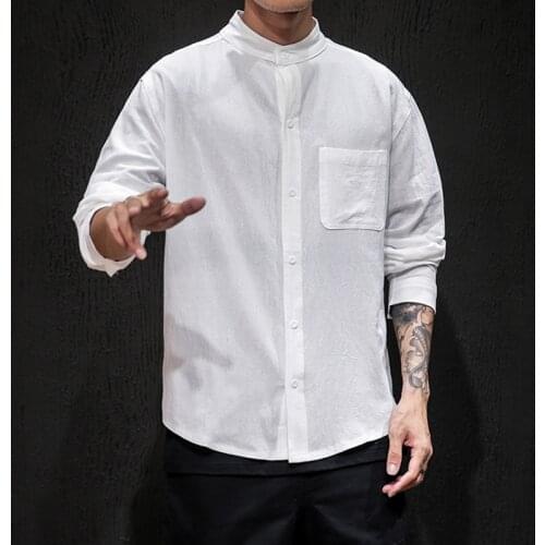 Korean Fashion Solid Colors Long Sleeve Shirts for Men Casual Mandarin Collar 100% Cotton Soft Linen Touch Comfort 5XL