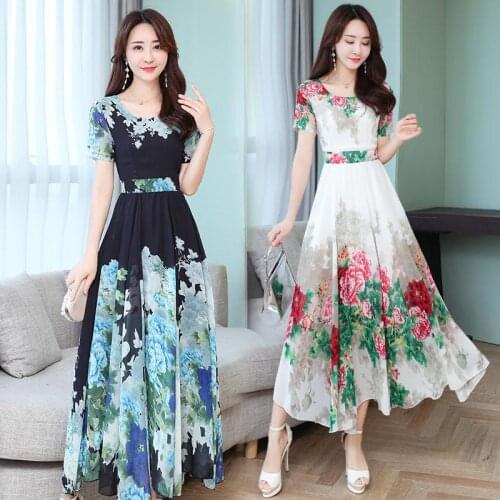 Bohemian Short-sleeved Chiffon Dress Floral Party Vestidos 2021 Office Ladies Elegant Women A Line High Waist Dresses