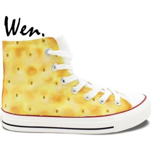Wen Original Light Yellow Hand Painted Shoes Design Custom Biscuit Women Mens High Top Canvas Sneakers