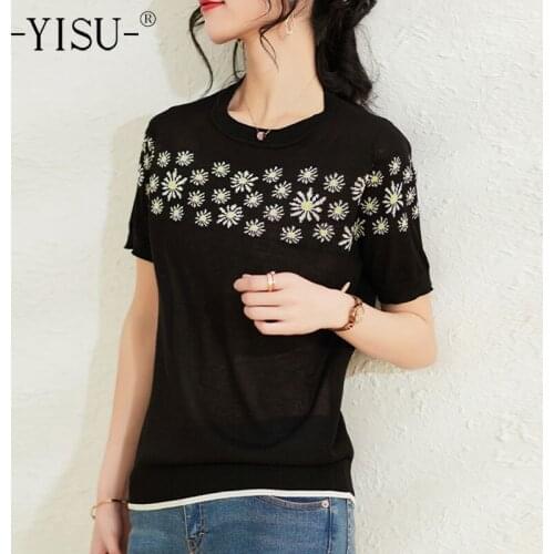YISU 2021New Summer Little daisy Printing Women Simple T-shirt O-Neck Knitted pullove Women tops Casual Jumper Thin section