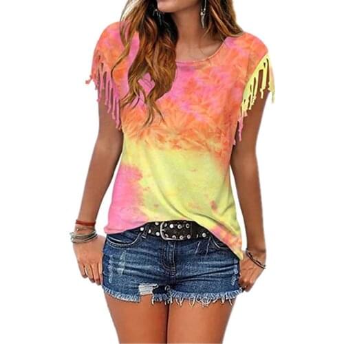 Women Cotton Tassel Casual T-Shirt Gradient Tie-Dyed Color Tees O-Neck Womens Clothing T Shirt Hot Sales In 2021