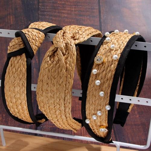 Flatfoosie Women Straw Weaving Knotted Headband Bohemian Wide Cross Knot Hair Bands Imitation Pearls Handmade Hair Accessories