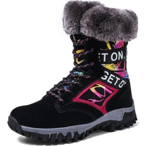 OLOMLB Womens Round Toe Ankle Boots Fur Warm Winter Snow Thick Ski Printed Floral Climb Shoes 3Colors Ladies Thick 2020