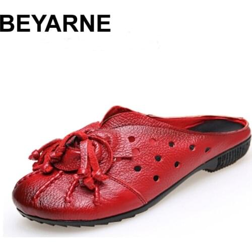 BEYARNE Ethnic Style Genuine Leather Women Shoes Handmade Flower Slides Flat shoes folk-custom vintage hollow out flat shoes