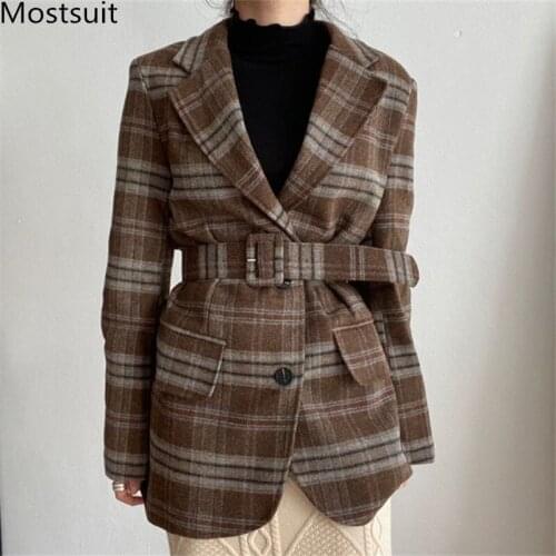 Plaid Vintage Woolen Belted Women Blazer Coat 2021 Spring Full Sleeve Single-breasted Notched Collar Fashion Female Jacket