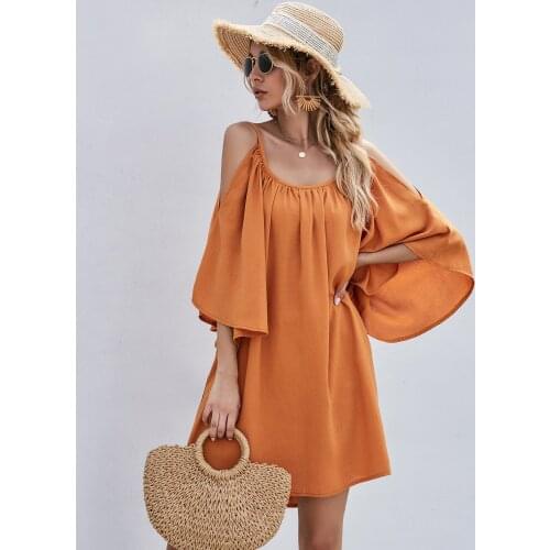 Womens Solid Sexy Loose Dress Casual Flared Sleeve Leaky Shoulder Sexy Dress Outdoor Breathable Holiday Party Mini Beach Dress