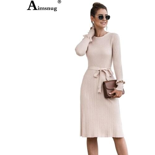 2020 Solid Color Women Autumn Elegant Dress Knee-Length Party Dresses Winter Dress Sweater Ladies Vintage Sashes A-Line Dress