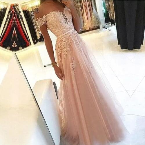 Sexy Off Shoulder Evening Dresses 2019 A-Line Pink Tulle Lace Appliqued Beaded Formal Robe De Soiree longue