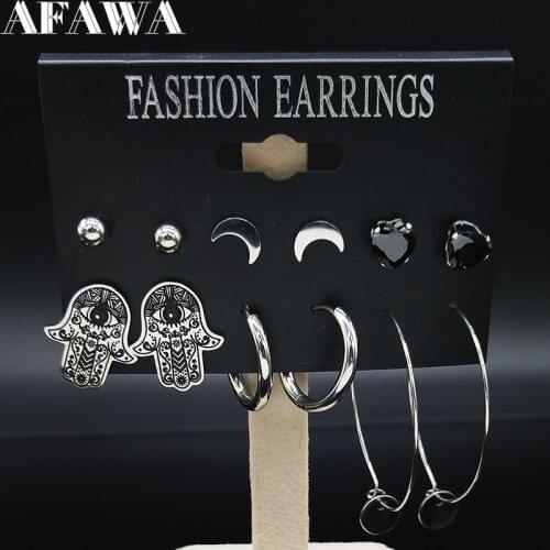 6 Pair 2021 Hamsa Hand Stainless Steel Stud Earrings Set for Women Black Color Earrings Set Jewelry pendientes negros E6128139