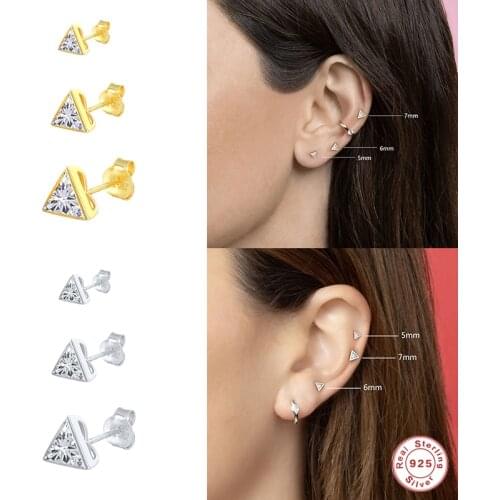 BOAKO 925 Sterling Silver Cubic Zirconia Triangle Stud Earrings For Women White Crystal Geometric Ear Studs Cartilage Earrings