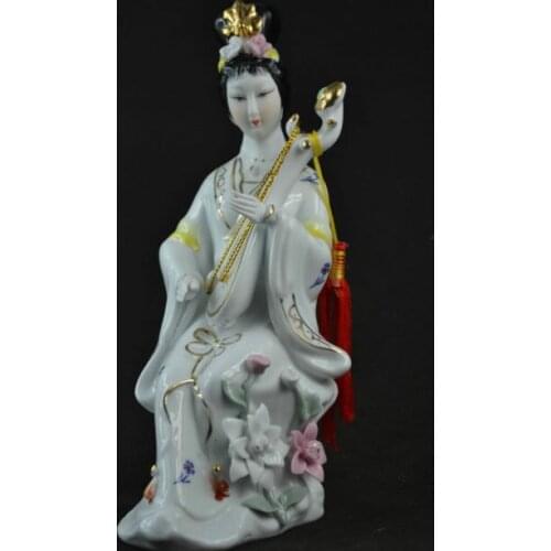 Delicate Chinese Decorated Porcelain Classical Elegant Belle Playing Instrument Statue