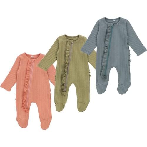 Newborn Baby Romper Boy Girl Long Sleeve Ruffle Zipper Romper Jumpsuit Ribbed Long Sleeve Sleepwear Solid Baby Girl Clothes 0-6M