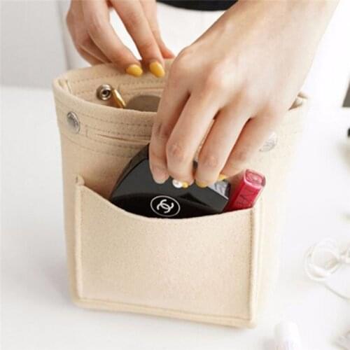 Fashion Women Portable Cosmetic Bag Case Felt Fabric Insert Handbag Female Travel Make Up Bag Organizer For Cosmetics