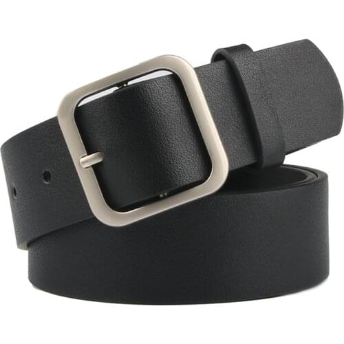 Silver Square buckle belts for women gold alloy metal pin buckles belt dress jeans Punk black faux leather waist strap girl coat