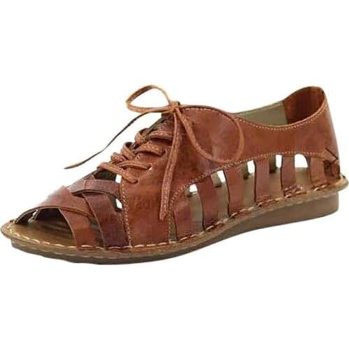 Women`s Lace Up Hollow Out Neutral Flat Summer Rome Sandals Shoes