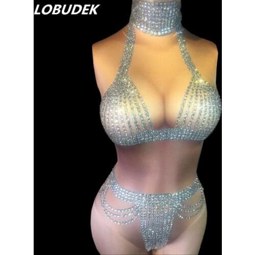 Sexy Silvery Crystals Nude Bodysuit Sleeveless Stretch Bodysuits Bar Nightclub Women Dancer Pole Dancing Costume DJ Singer Show