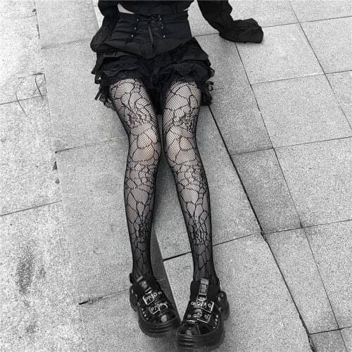 Gothic Mesh Tights Women Sexy Fishnet Original Spider Web Pattern Pantyhose Bottom Trousers Black Ripped Female Hollow Clothes